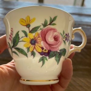 Royal Vale 1853 Footed Cup. Bone China. Pink Roses, Yellow & Purple Flowers.